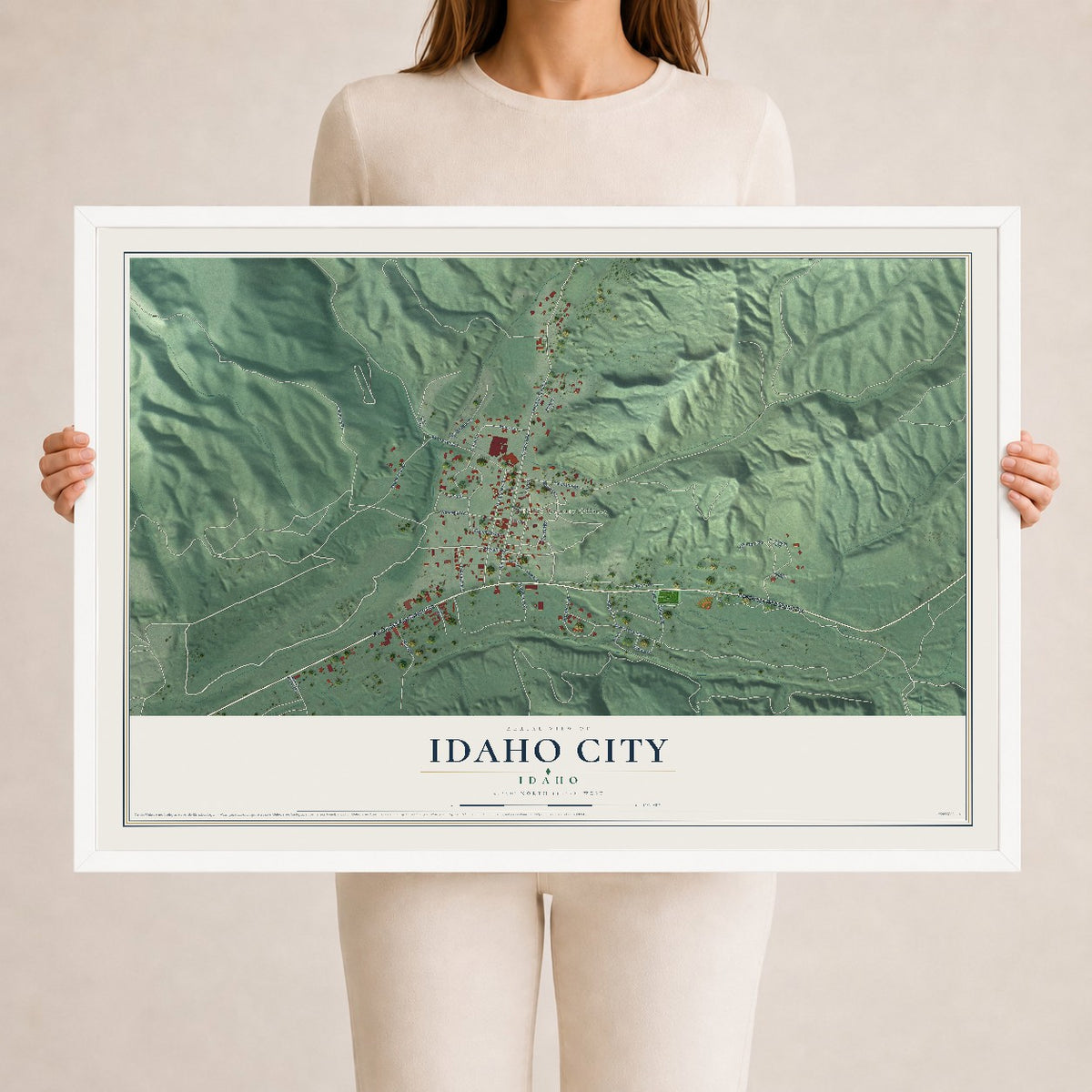 Map of Idaho City, Idaho, 24 x 36 inch print in a white wood frame