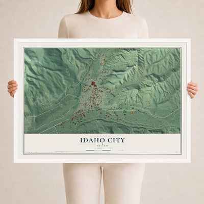 Map of Idaho City, Idaho, 24 x 36 inch print in a white wood frame