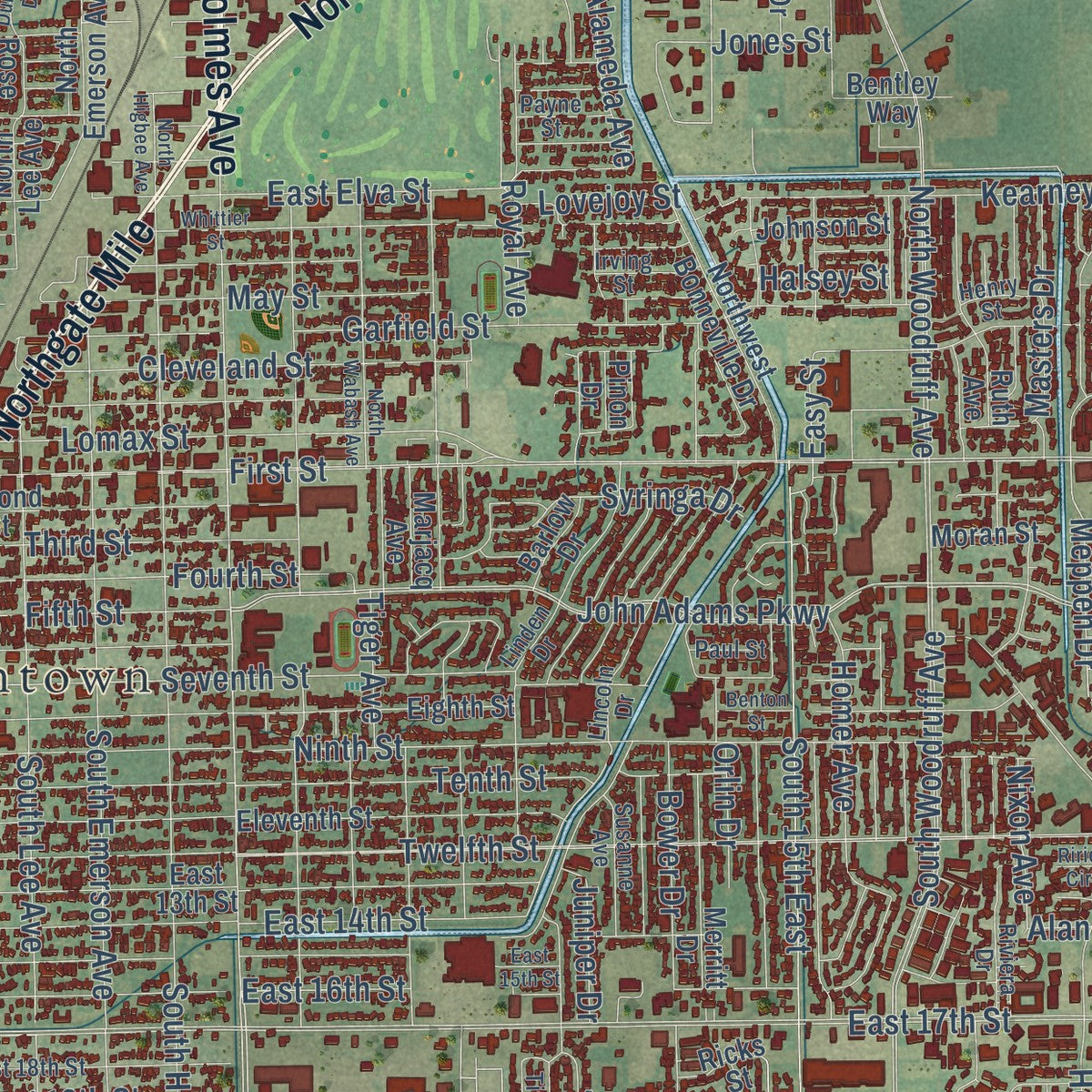 Close-up of the map of Idaho Falls, Idaho print showing street and building detail