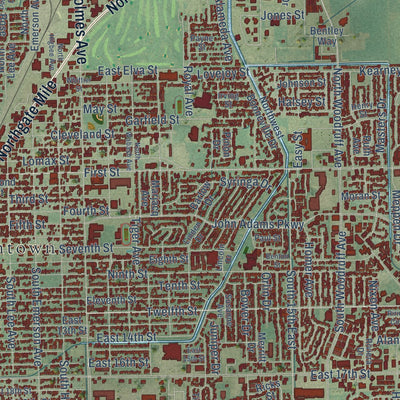 Close-up of the map of Idaho Falls, Idaho print showing street and building detail