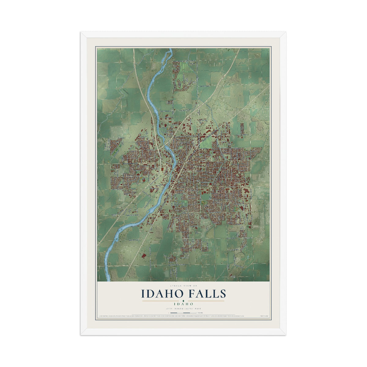 Map of Idaho Falls, Idaho, 12 x 18 inch print in a white wood frame