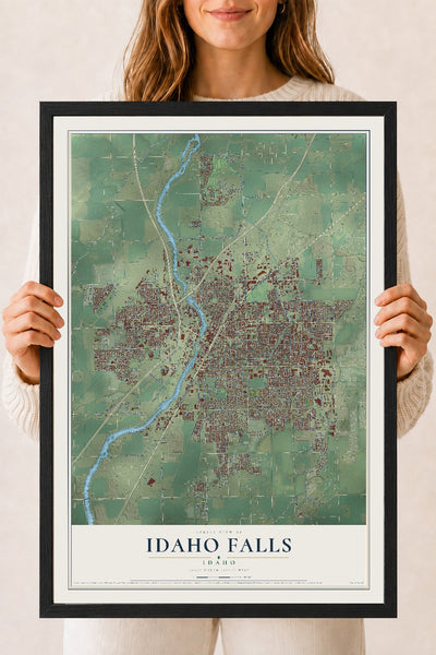 Map of Idaho Falls, Idaho, 18 x 24 inch print in a black wood frame