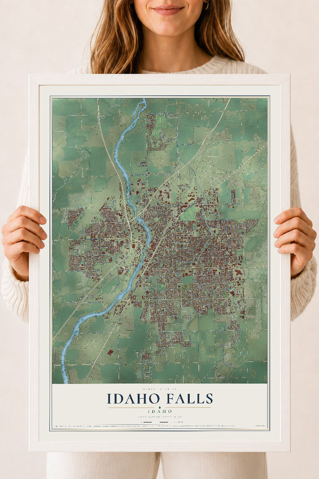 Map of Idaho Falls, Idaho, 18 x 24 inch print in a white wood frame