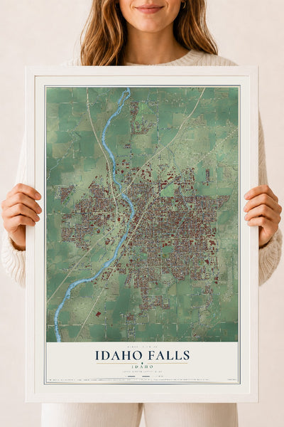 Map of Idaho Falls, Idaho, 18 x 24 inch print in a white wood frame