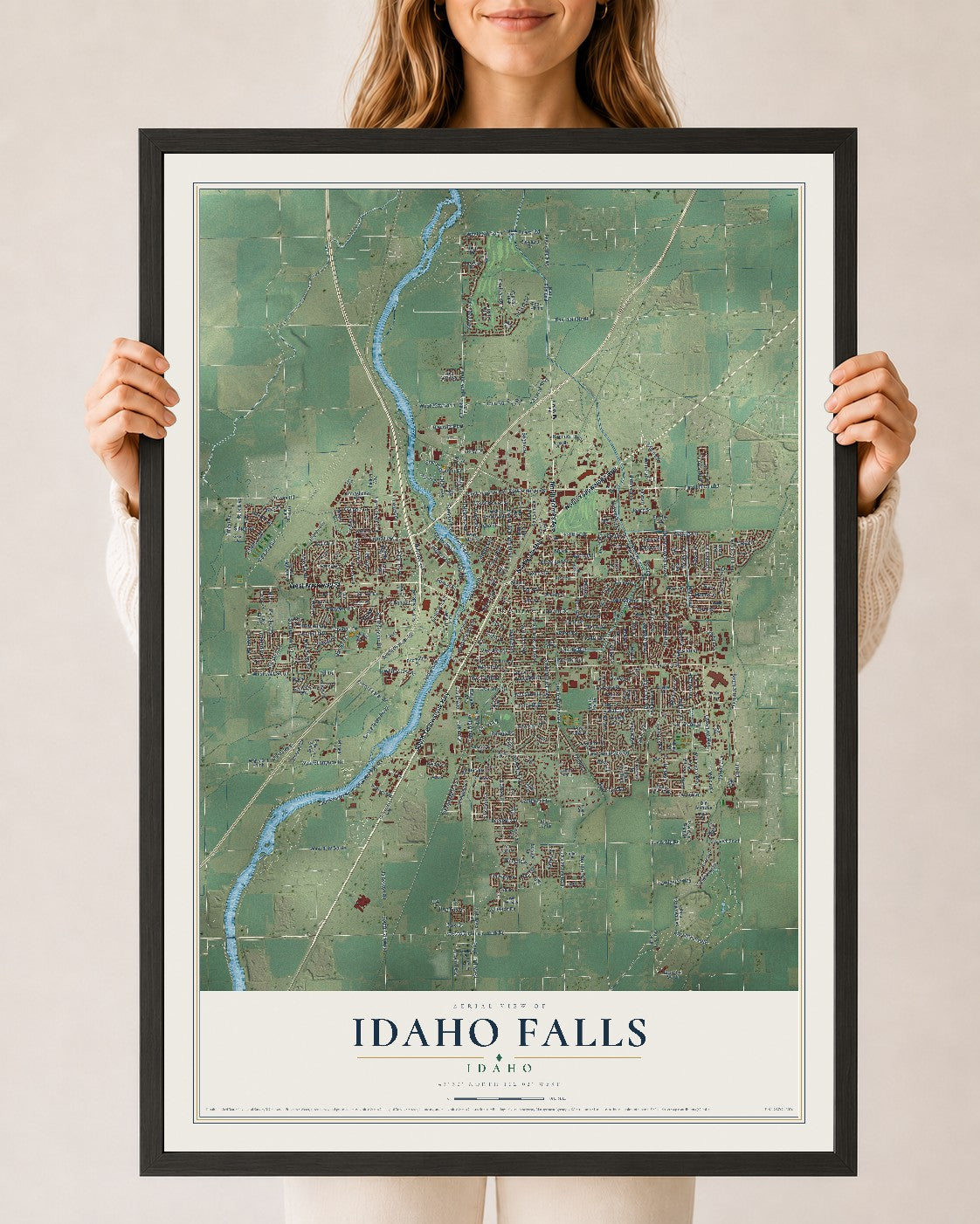 Map of Idaho Falls, Idaho, 24 x 36 inch print in a black wood frame