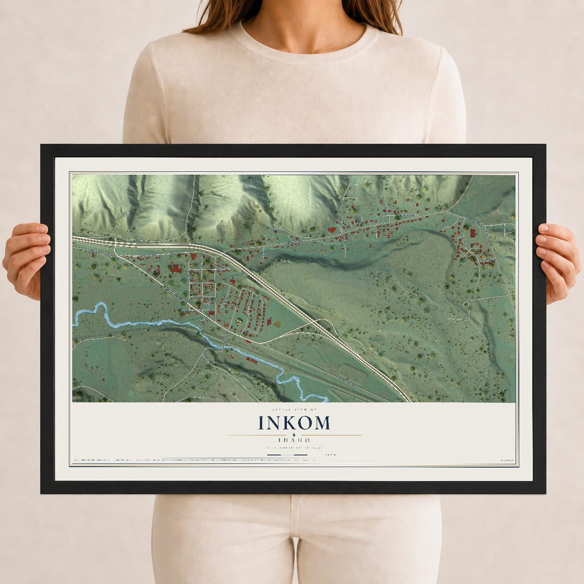 Map of Inkom, Idaho, 12 x 18 inch print in a black wood frame