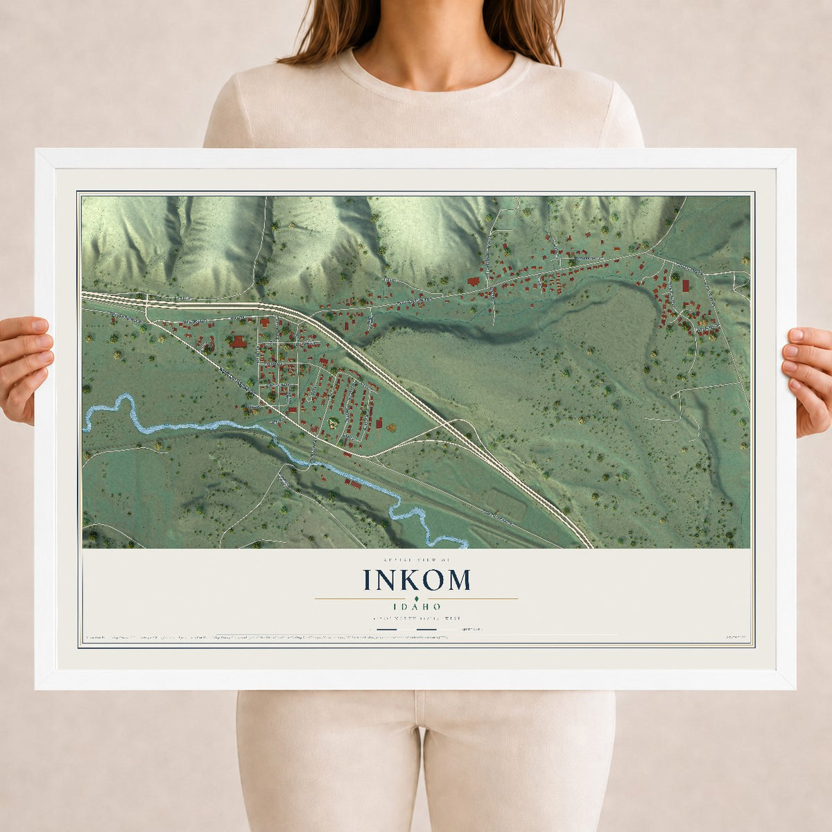 Map of Inkom, Idaho, 18 x 24 inch print in a white wood frame