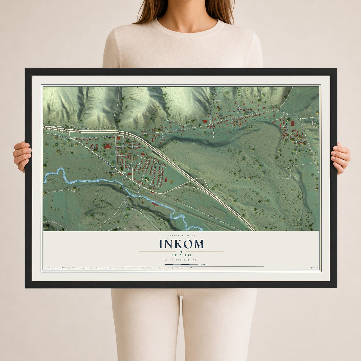 Map of Inkom, Idaho, 24 x 36 inch print in a black wood frame