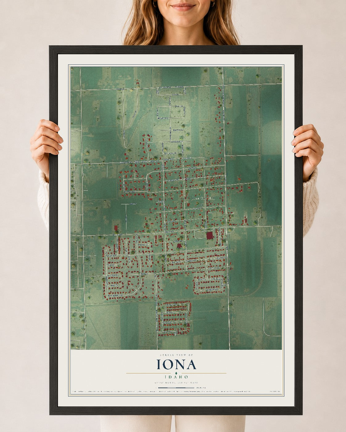 Map of Iona, Idaho, 24 x 36 inch print in a black wood frame