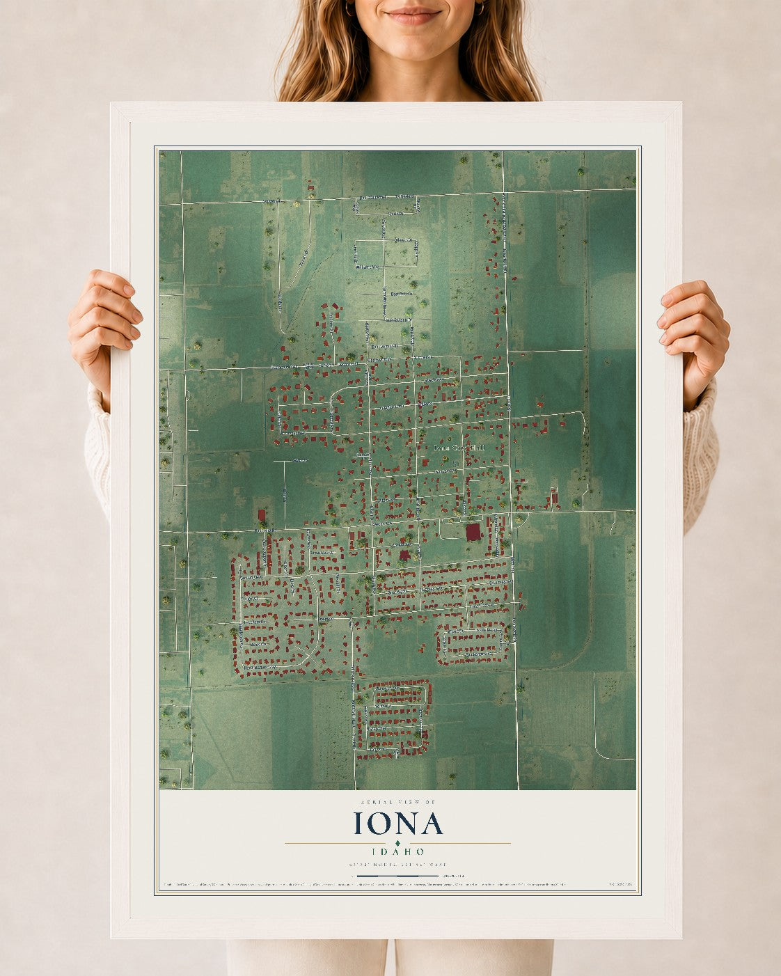 Map of Iona, Idaho, 24 x 36 inch print in a white wood frame