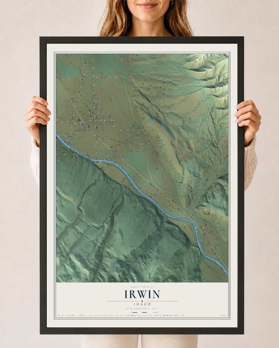 Map of Irwin, Idaho, 24 x 36 inch print in a black wood frame