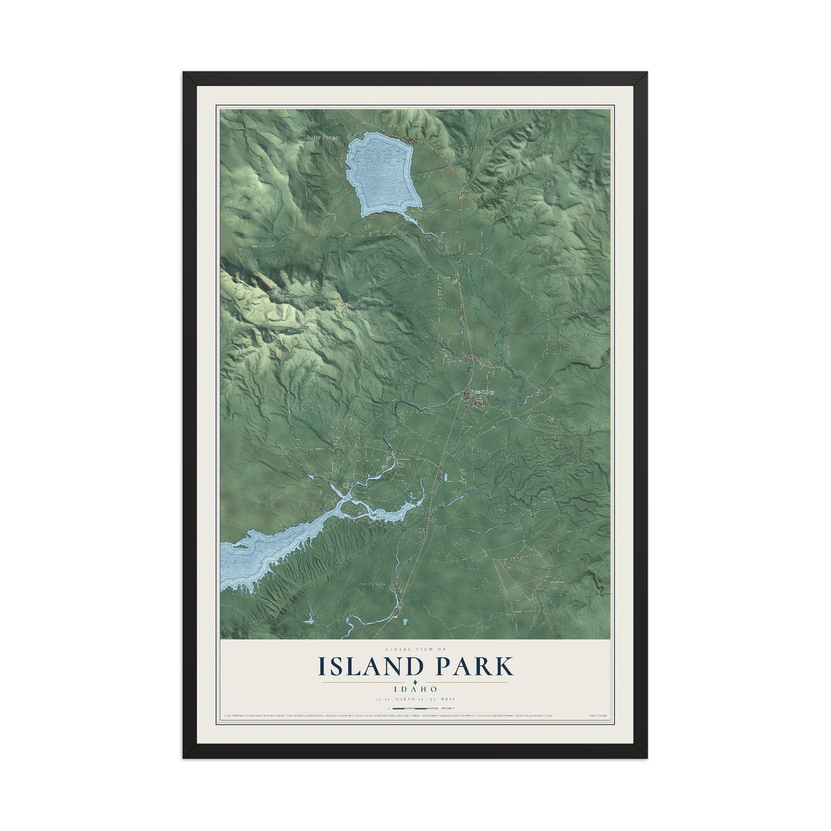Map of Island Park, Idaho, 12 x 18 inch print in a black wood frame