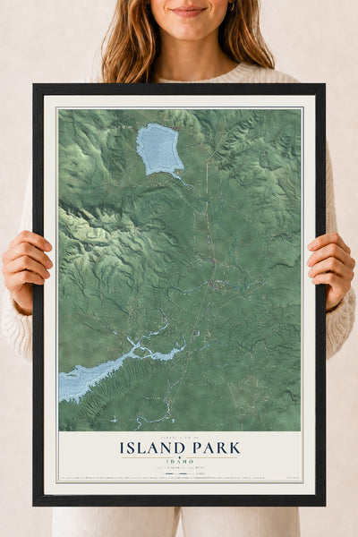 Map of Island Park, Idaho, 18 x 24 inch print in a black wood frame