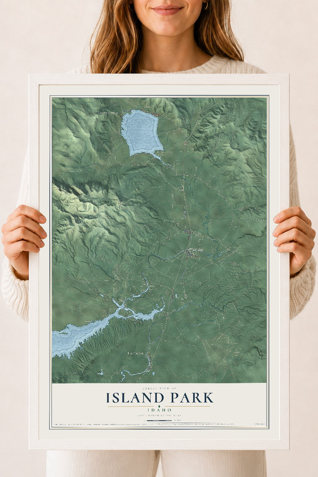 Map of Island Park, Idaho, 18 x 24 inch print in a white wood frame