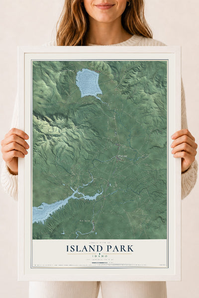 Map of Island Park, Idaho, 18 x 24 inch print in a white wood frame