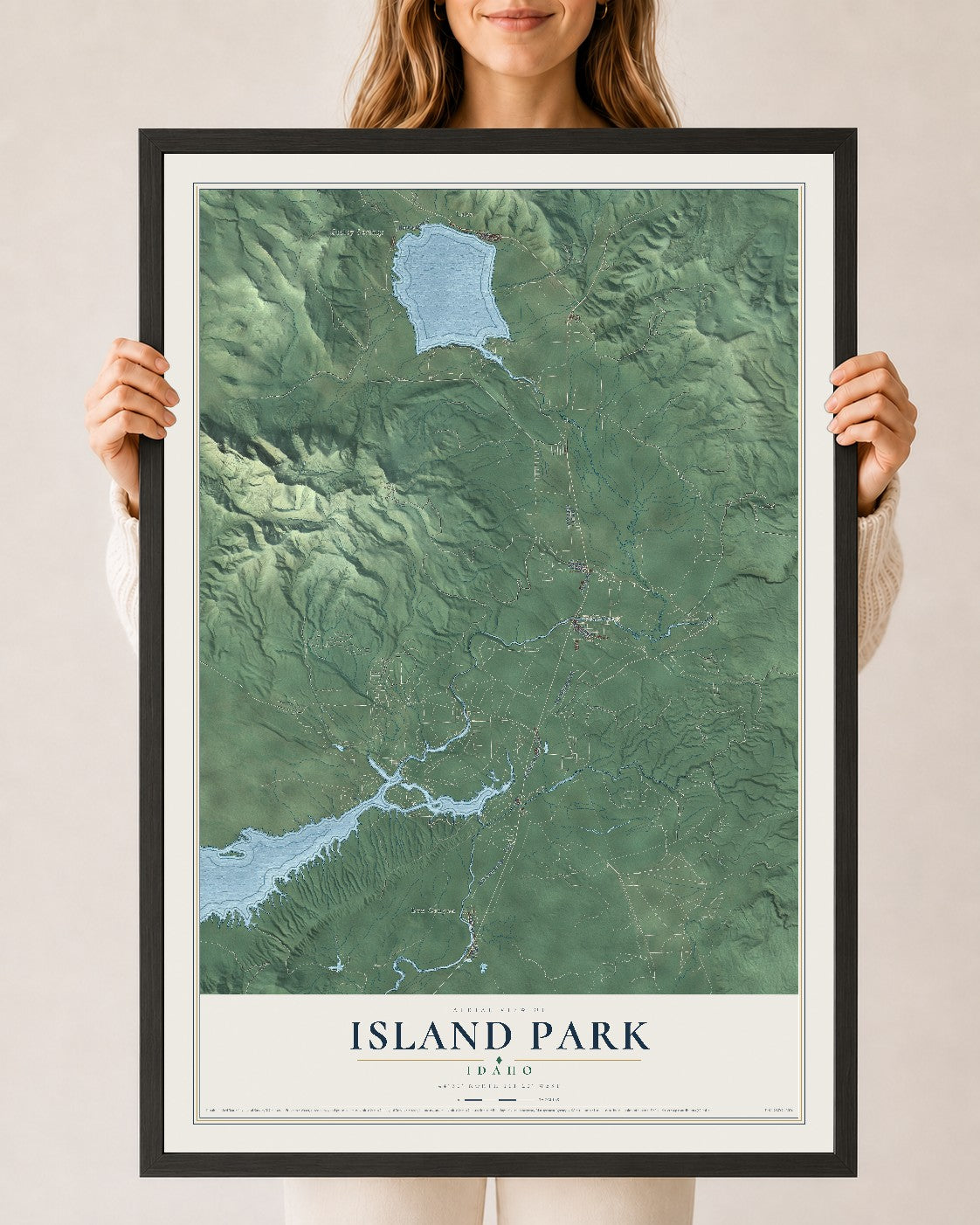 Map of Island Park, Idaho, 24 x 36 inch print in a black wood frame