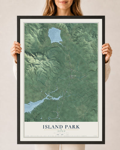 Map of Island Park, Idaho, 24 x 36 inch print in a black wood frame