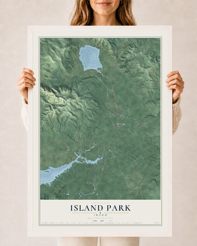 Map of Island Park, Idaho, 24 x 36 inch print in a white wood frame