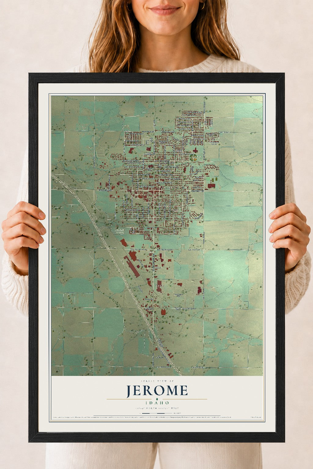 Map of Jerome, Idaho, 18 x 24 inch print in a black wood frame