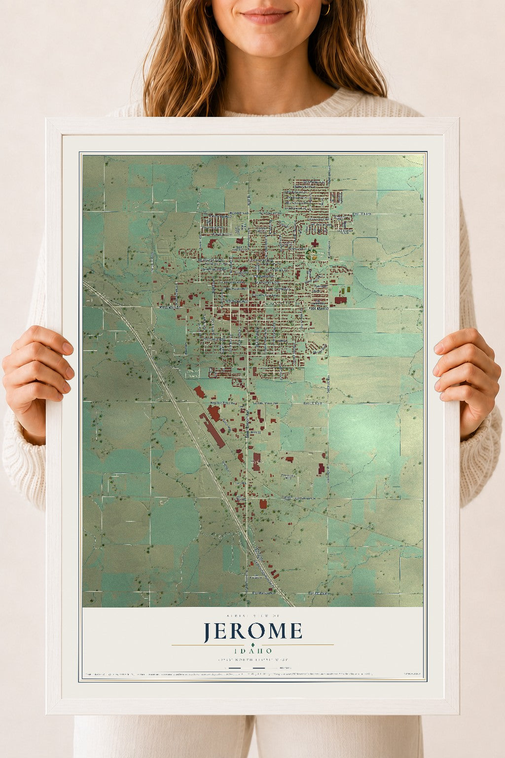 Map of Jerome, Idaho, 18 x 24 inch print in a white wood frame