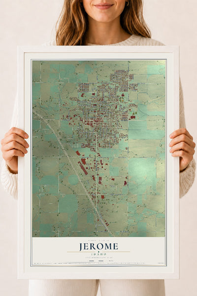 Map of Jerome, Idaho, 18 x 24 inch print in a white wood frame