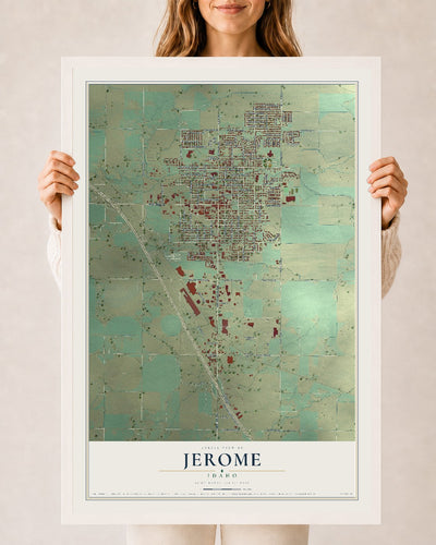 Map of Jerome, Idaho, 24 x 36 inch print in a white wood frame