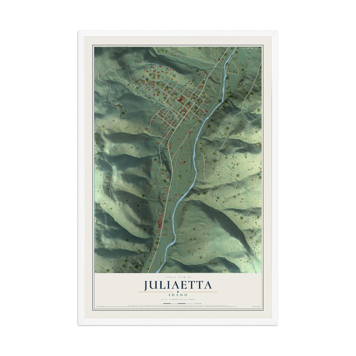 Map of Juliaetta, Idaho, 12 x 18 inch print in a white wood frame