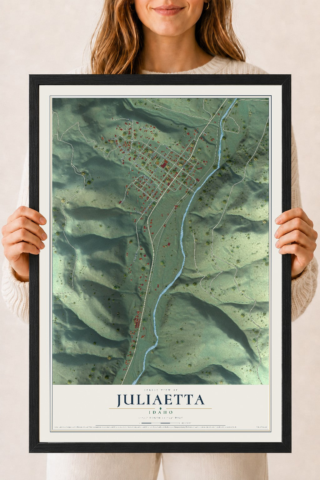 Map of Juliaetta, Idaho, 18 x 24 inch print in a black wood frame