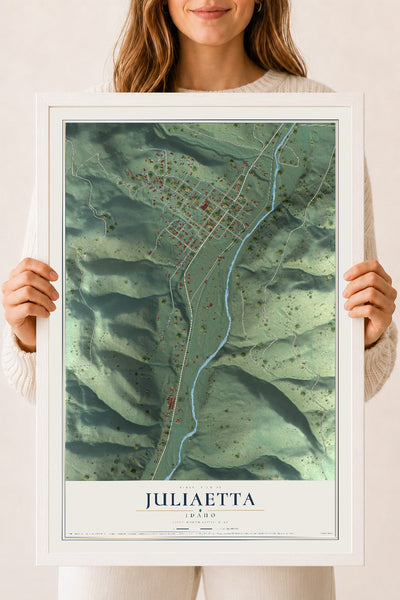 Map of Juliaetta, Idaho, 18 x 24 inch print in a white wood frame