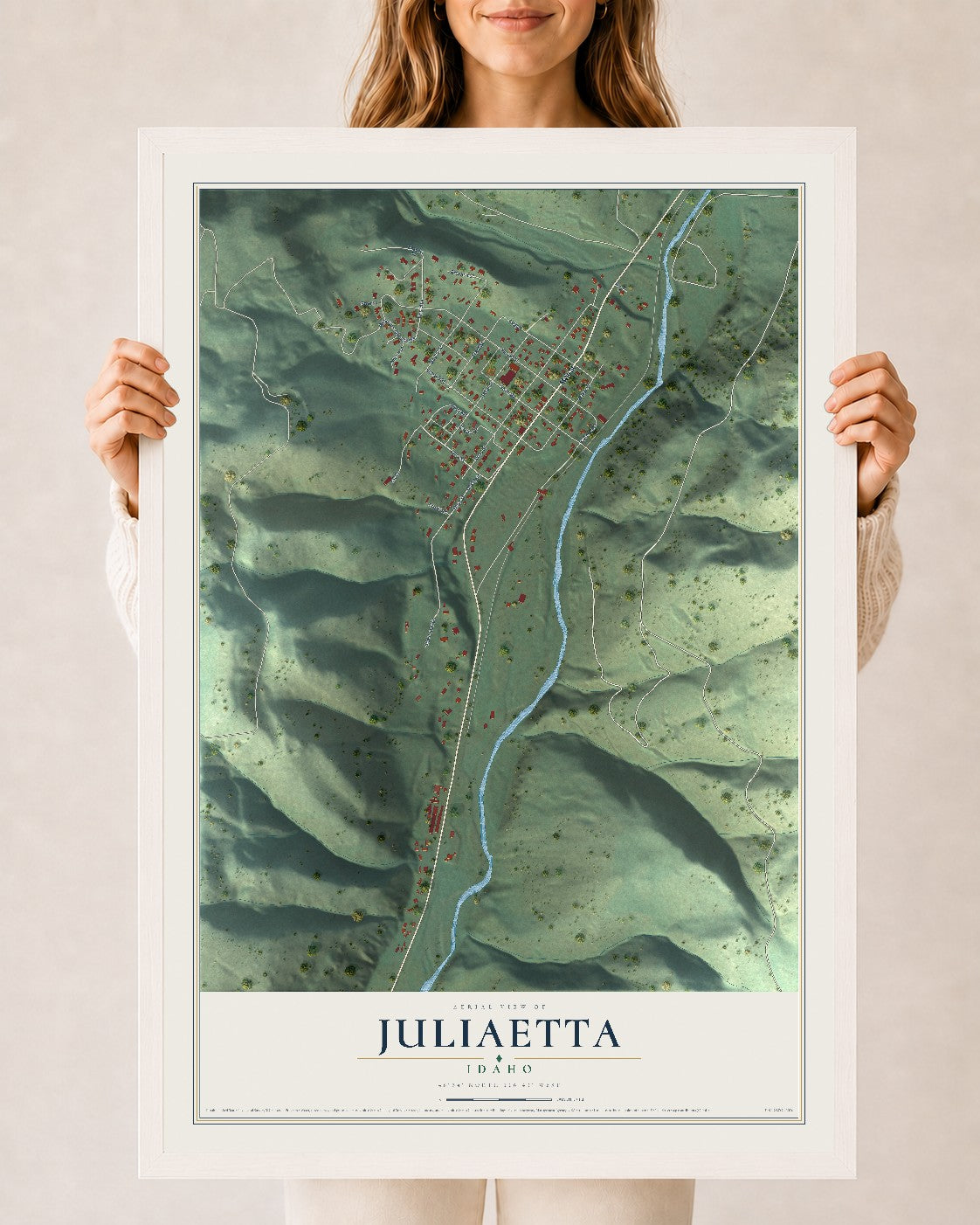 Map of Juliaetta, Idaho, 24 x 36 inch print in a white wood frame
