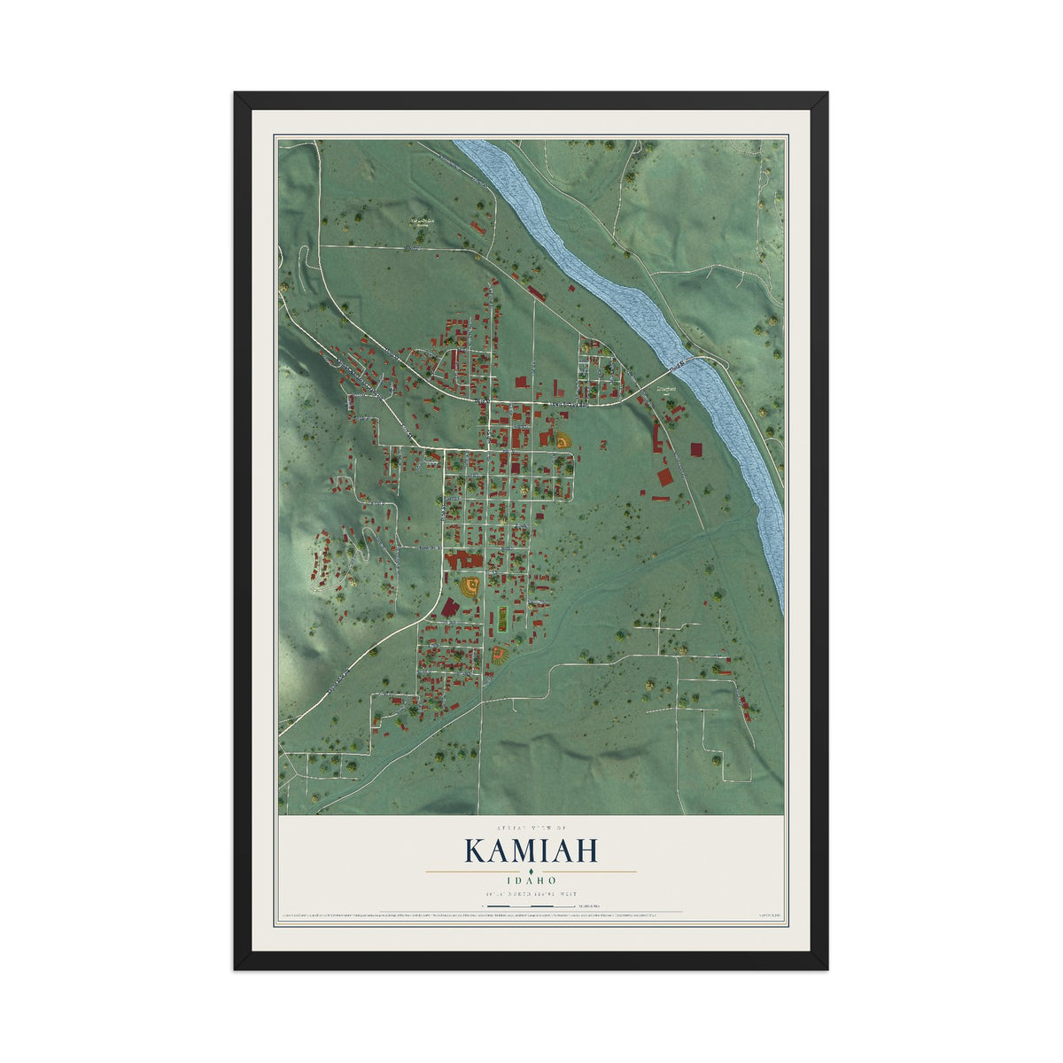 Map of Kamiah, Idaho, 12 x 18 inch print in a black wood frame