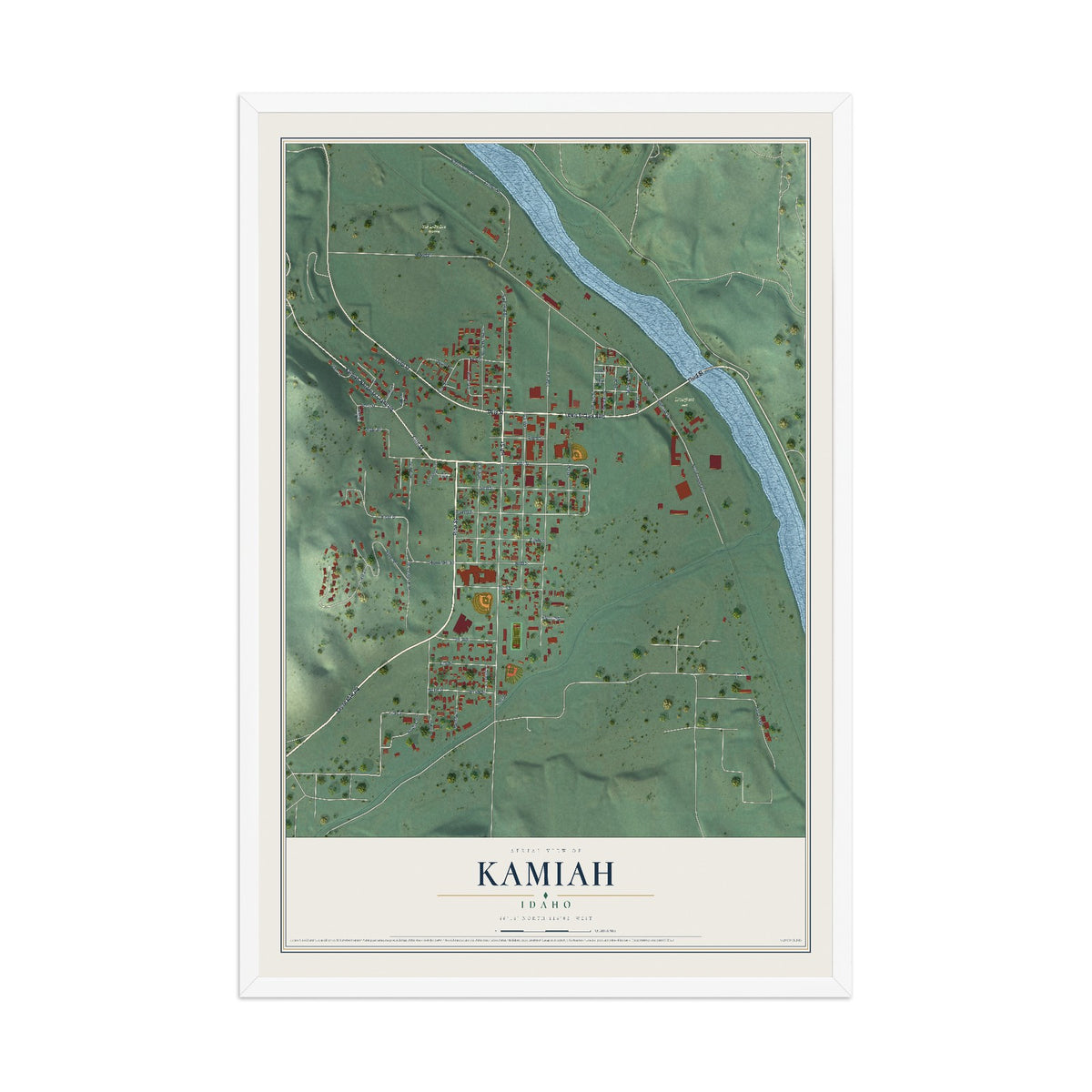 Map of Kamiah, Idaho, 12 x 18 inch print in a white wood frame