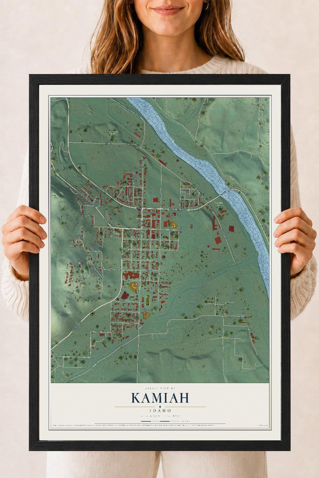 Map of Kamiah, Idaho, 18 x 24 inch print in a black wood frame