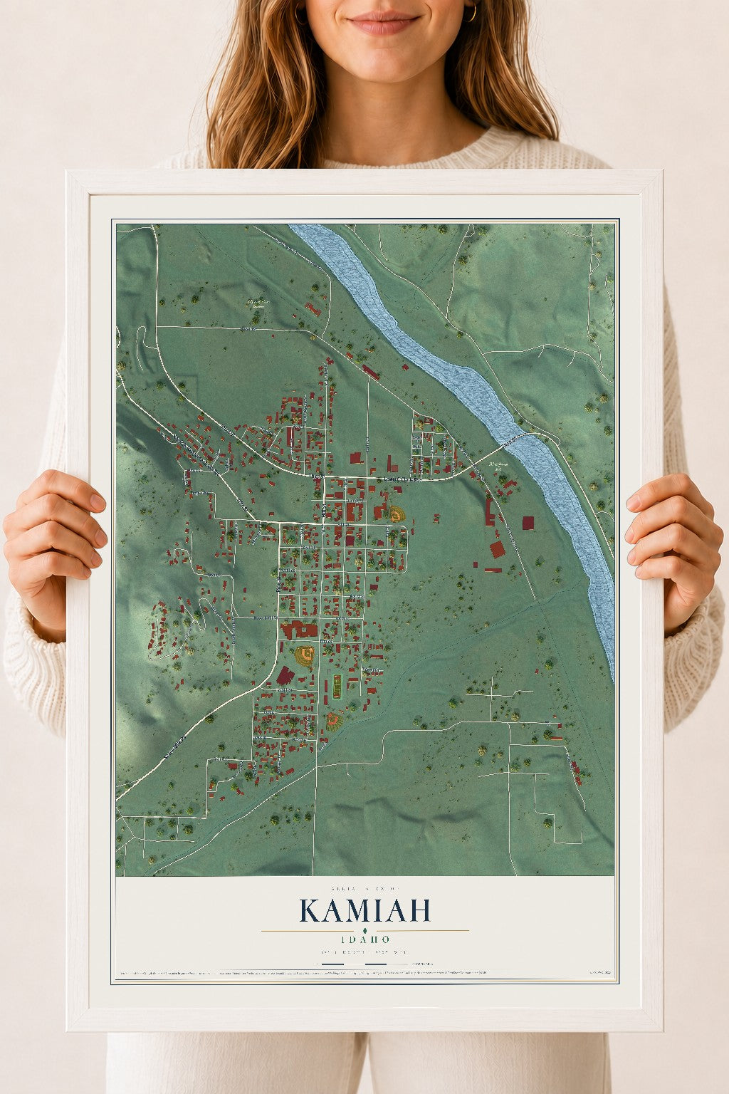 Map of Kamiah, Idaho, 18 x 24 inch print in a white wood frame