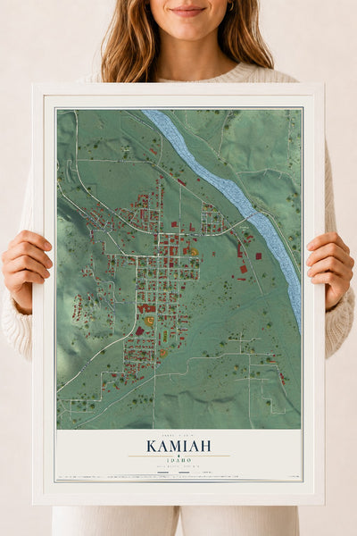 Map of Kamiah, Idaho, 18 x 24 inch print in a white wood frame