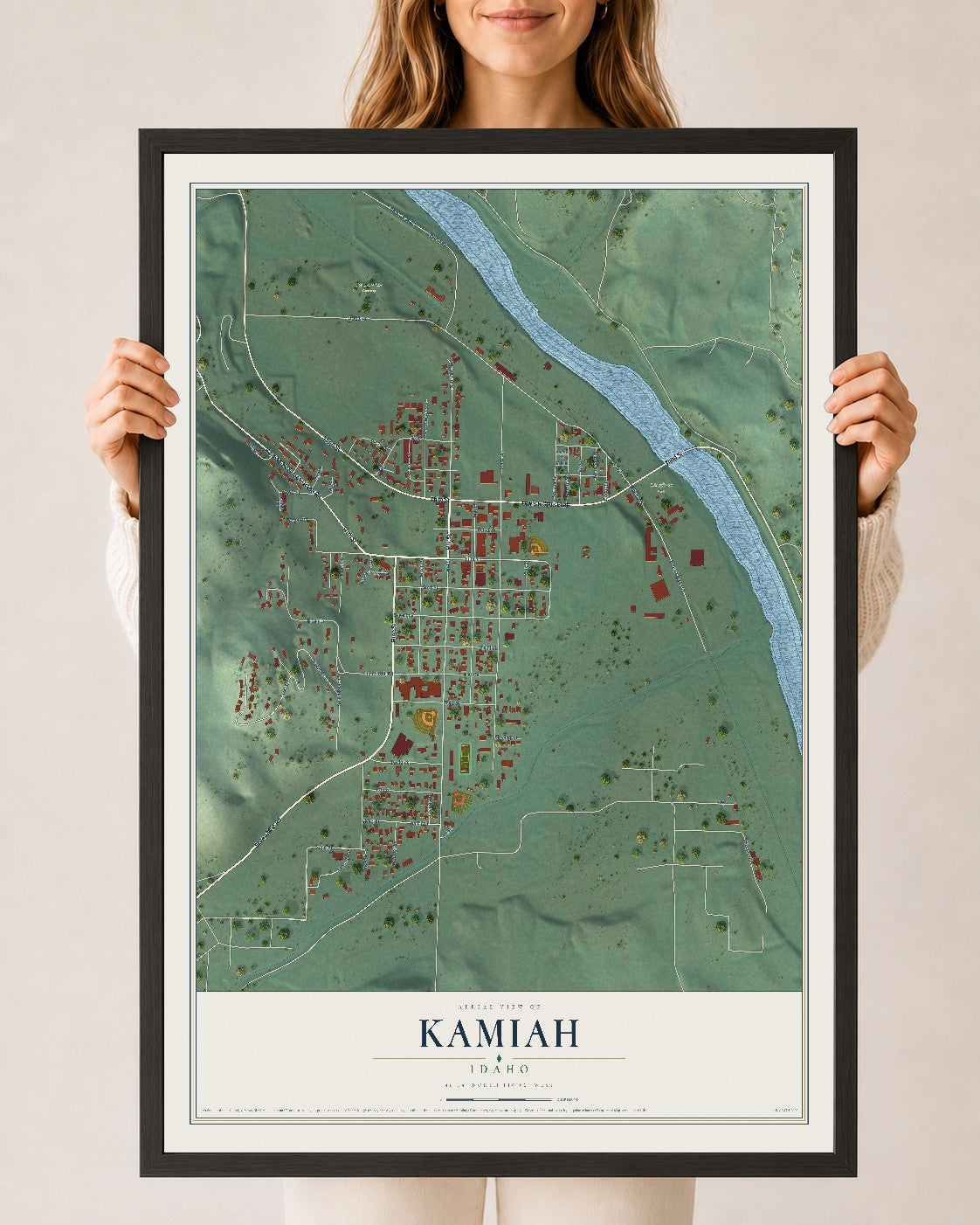 Map of Kamiah, Idaho, 24 x 36 inch print in a black wood frame