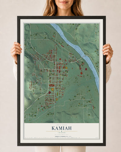 Map of Kamiah, Idaho, 24 x 36 inch print in a black wood frame