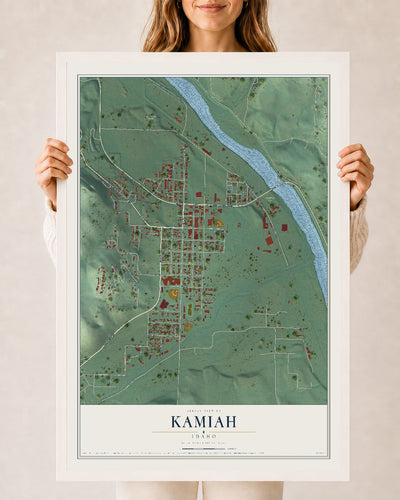 Map of Kamiah, Idaho, 24 x 36 inch print in a white wood frame