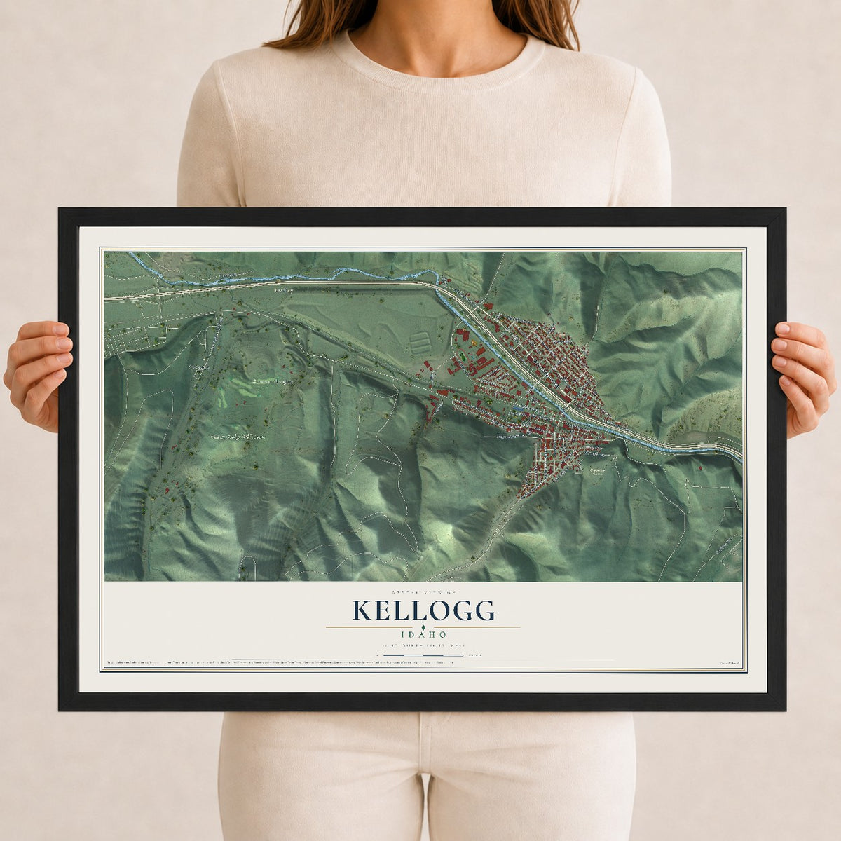 Map of Kellogg, Idaho, 12 x 18 inch print in a black wood frame