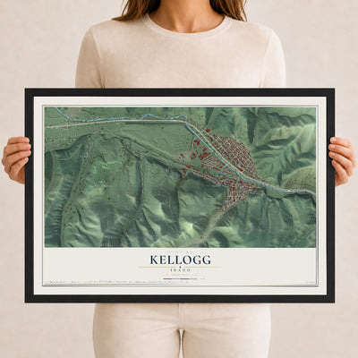 Map of Kellogg, Idaho, 12 x 18 inch print in a black wood frame