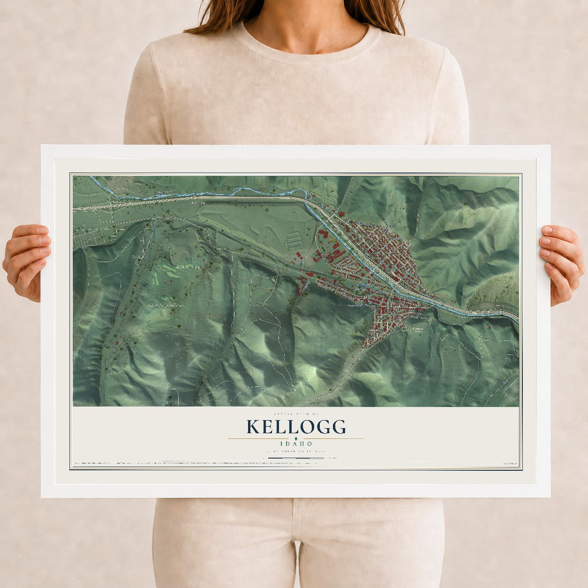 Map of Kellogg, Idaho, 12 x 18 inch print in a white wood frame