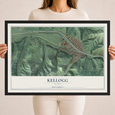 Map of Kellogg, Idaho, 18 x 24 inch print in a black wood frame