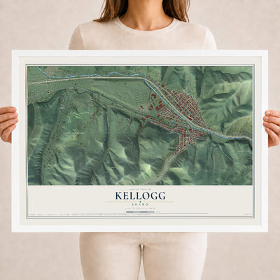 Map of Kellogg, Idaho, 18 x 24 inch print in a white wood frame