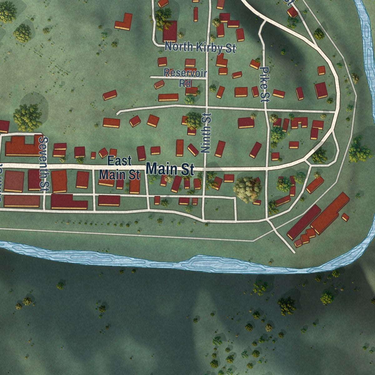 Close-up of the map of Kendrick, Idaho print showing street and building detail