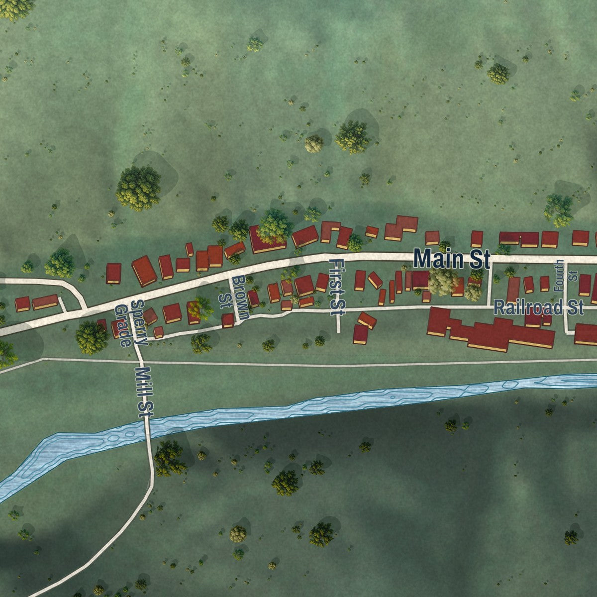Second close-up of the map of Kendrick, Idaho print showing more streets and buildings