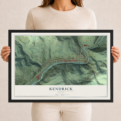 Map of Kendrick, Idaho, 12 x 18 inch print in a black wood frame