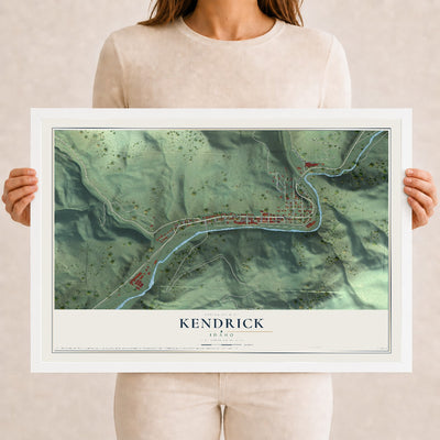 Map of Kendrick, Idaho, 12 x 18 inch print in a white wood frame