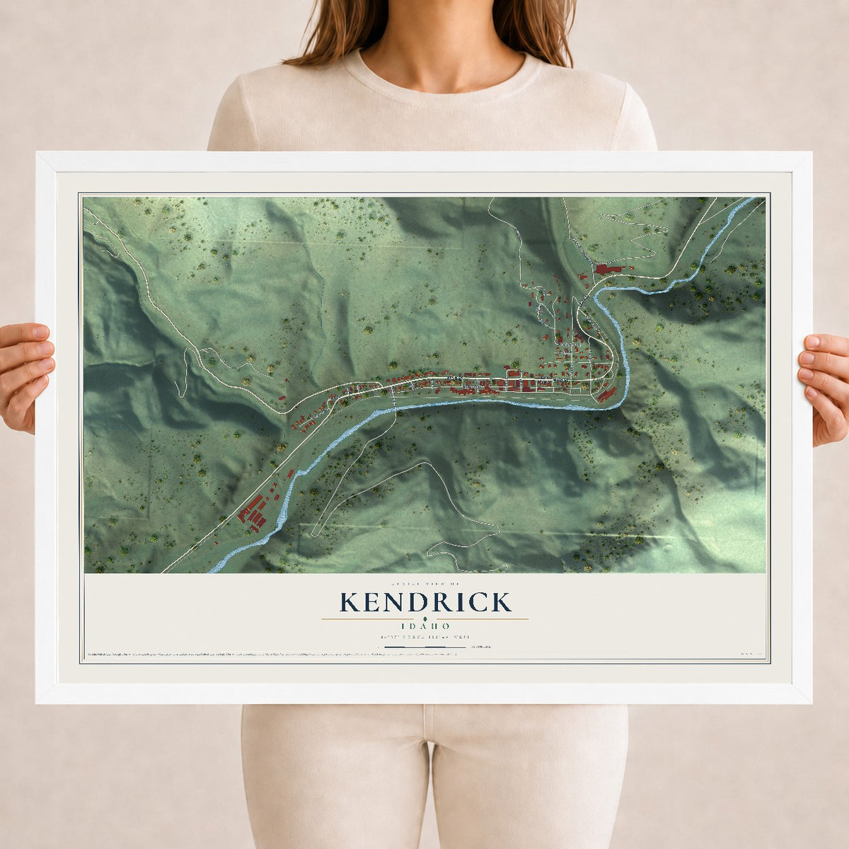 Map of Kendrick, Idaho, 18 x 24 inch print in a white wood frame