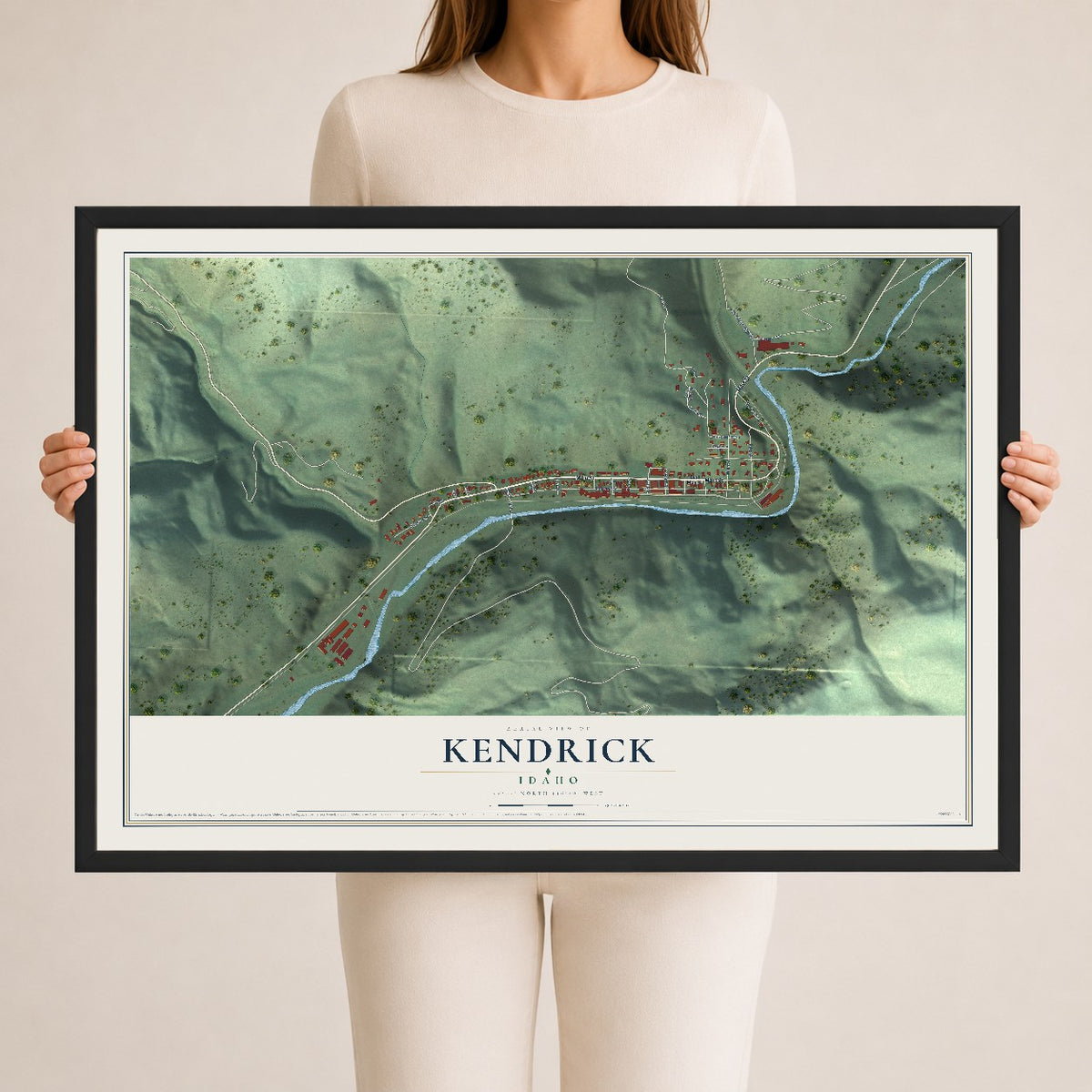 Map of Kendrick, Idaho, 24 x 36 inch print in a black wood frame