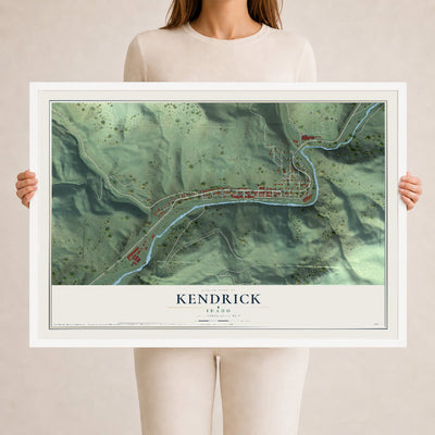 Map of Kendrick, Idaho, 24 x 36 inch print in a white wood frame